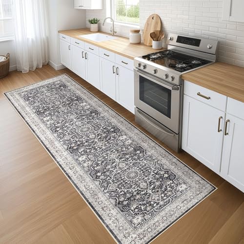 Runner Rug Kitchen Washable Rugs: 3x10 Non-Slip Boho Vintage Distressed Stain Resistant Indoor Floor Moody Oriental Throw Carpet for Hallway Bathroom Laundry Room Entryway Bedroom- Black