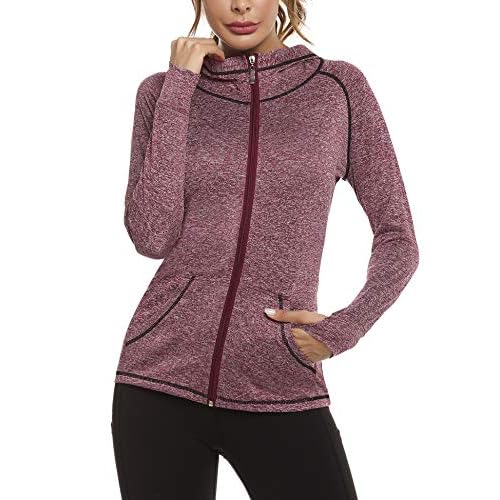 Sykooria Woman Plain Zip Up Hoodie Top Ladies Long Sleeve Sport Workout Hooded Jacket Sweatshirt Coat Hoody Jacket with Pockets and Thumb Holes