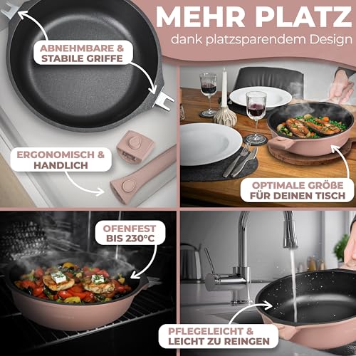 TRAUMLEBEN Bratpfanne 28 cm mit Deckel & abnehmbaren Griffen (Rosa)