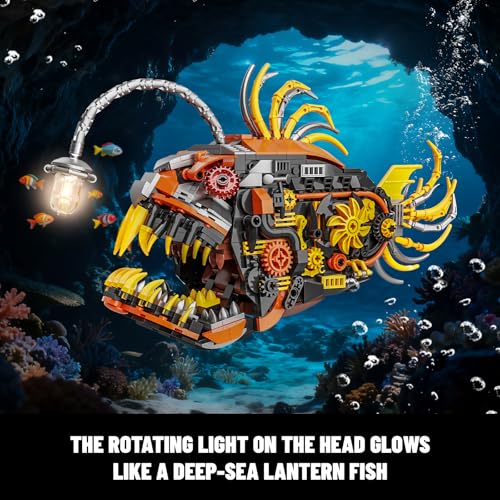 Image of Mechanical Angler Fish Building Set with Light, Creative Ocean Lantern Fish Animal Toy for Home Office Decor, Compatible with Lego Shark, STEM Gift for Adults Teens Boys 8-14+ (1022 PCS)