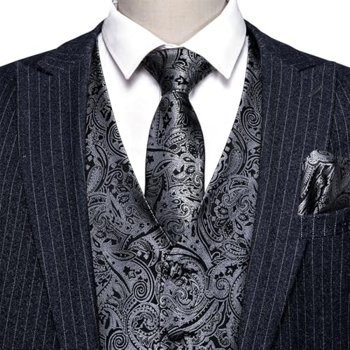 Men's Paisley Silk Waistcoat Tie Hanky Cufflinks Set Textured Sleeveless Vest for Business Wedding4