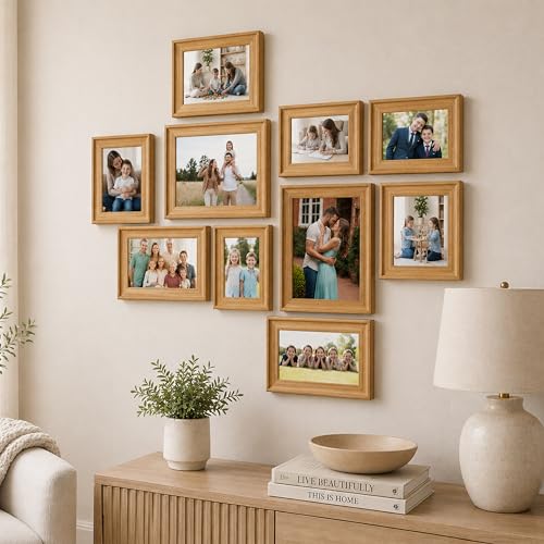 Image of Wooden Collage Photo Frame Set of 10 for Wall Decor | Multi Size Family Picture Frames Gallery Wall Set | Wooden Photo Frames for Living Room, Bedroom, Hallway & Home Decoration (Wood Brown)