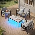 Bestier 4 Pieces Aluminum Patio Furniture Set with Outdoor Loveseat, Modern LED Patio Conversation Set with 5" Grey Cushion and Marble Texture Coffee Table for Backyard, Grey