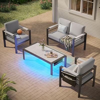 Bestier 4 Pieces Aluminum Patio Furniture Set with Outdoor Loveseat, Modern LED Patio Conversation Set with 5" Grey Cushion and Marble Texture Coffee Table for Backyard, Grey