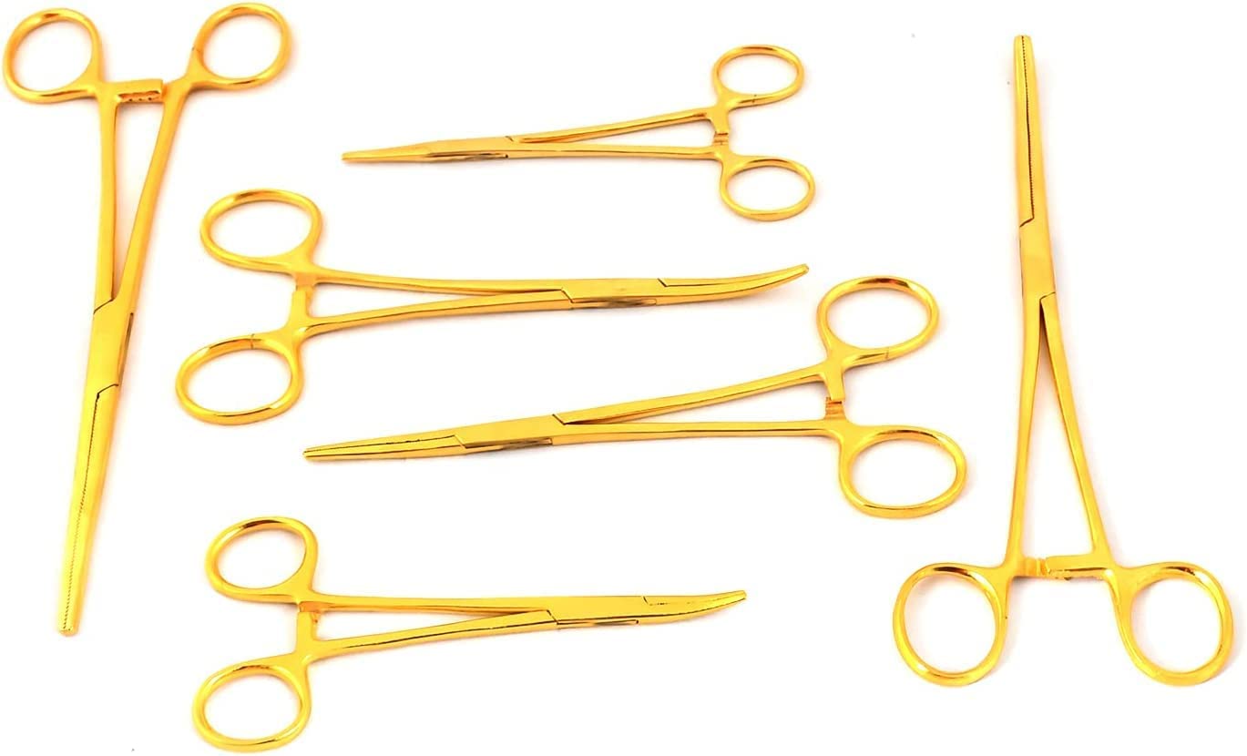 VISION TEK MED 6 Piece Curved & Straight (8", 6.25" and 5") Gold Coated Hemostat Set