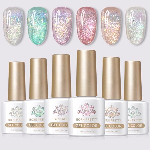 Born Pretty Reflective Glitter Gel Nail Polish 6 Spring Light Colors Holographic Gel Polish Long Lasting Sparkly Shiny Nail Polish U V Set for Manicure and Nail Art DIY at Home Salon-Quality 7ml