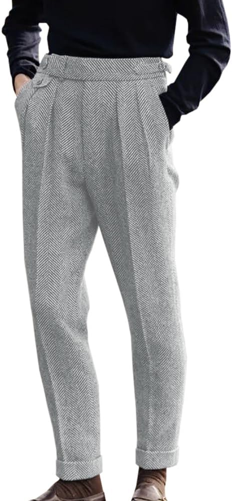 Men's High Waisted Tweed Dress Pants Pleated Front Vintage Wool Trousers