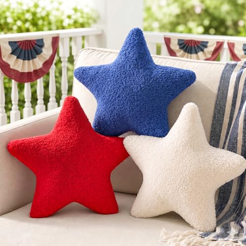 4th of July Star Throw Pillows 13 x 13 inch, 3 Pcs Rustic Teddy Fleece Patriotic...