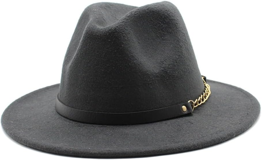 Western Style Wool Felt Fedora Hat, White with Black Leather Band, Gold Chain Accent, Classic Design