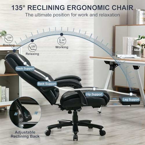 Image of Reclining Office Chair with Retractable Footrest & Adjustable Lumbar Support - 500 lbs Capacity for Big and Tall Users, Leather Executive Desk Chair for Home Office, Work, and Relaxation, Black