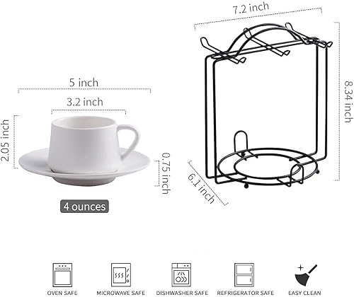 Miniatura 3 de YHOSSEUN Tazas de café expreso con platillos y soporte de metal, juego de 6 tazas de capuchino de 4 onzas, taza de té para fiesta de té, color blanco