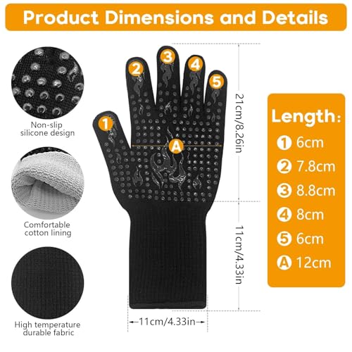 Skythrive Grillhandschuhe Hitzebeständig bis 800°C - Ofenhandschuhe Topfhandschuhe Feuerfeste Handschuhe BBQ Kochhandschuhe Backofenhandschuhe (Schwarz)