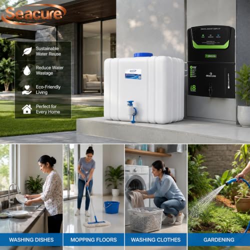 Image of SEACURE RO Waste Water Storage Tank 18L - Wall-Mountable, Food-Grade HDPE Plastic, Translucent Design, Easy to Connect with All Ro purifiers /Air Conditioners /Other Sources (18, Liters)