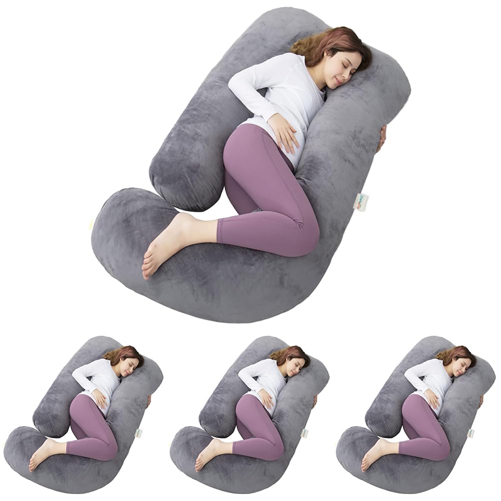 OYO BABY Pregnancy Pillows for Sleeping J-Shape Full Body Pillow and Maternity Support - for Back, HIPS, Legs, Belly for Pregnant Women with Removable Washable Velvet Cover (Grey) (Pack of 4)