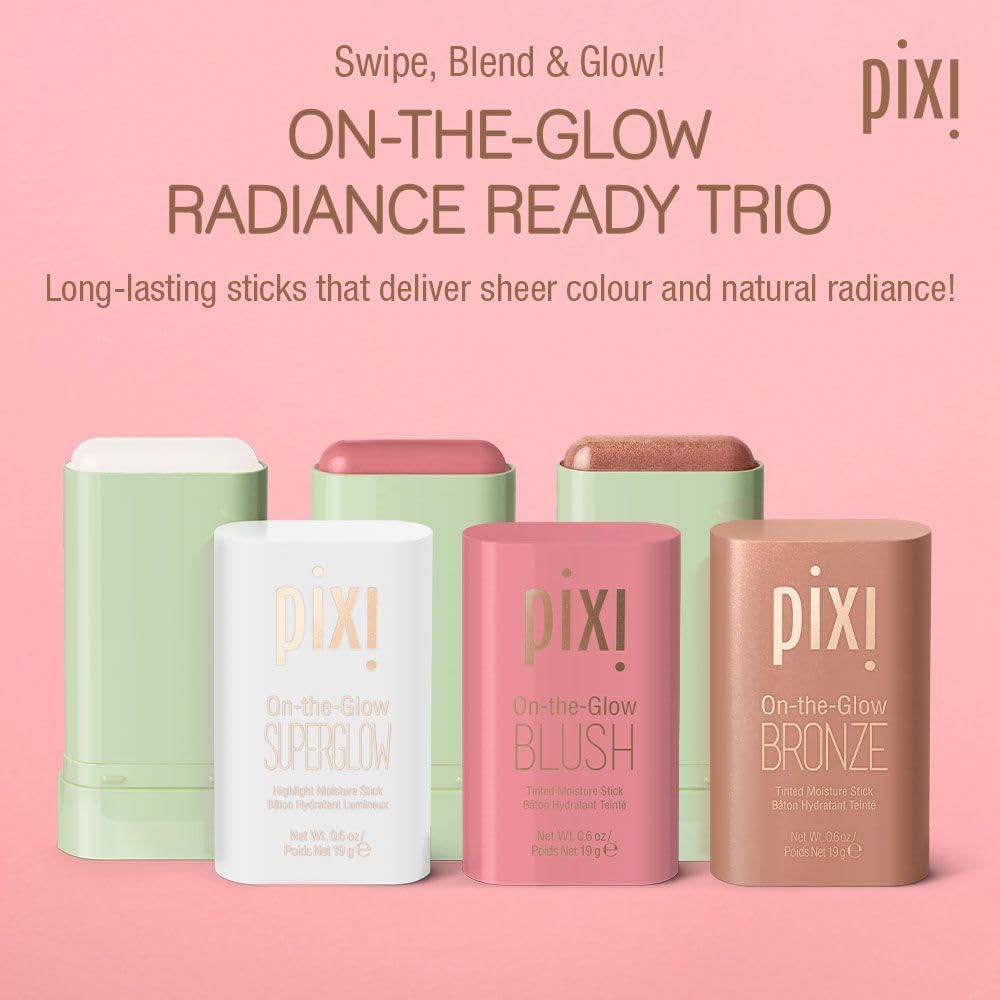 Pixi Beauty Radiance Ready On-the-Glow Trio | Hydrating Hydrating Tinted Moisture Stick Blush, Bronzer, and Highlighter Set | Travel Size, Vegan, and Paraben-Free