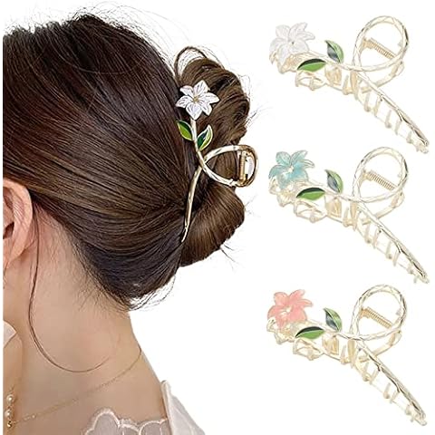HAIMEIKANG 3 Pcs Flower Metal Hair Clips for Women Large Tulip Hair Claw Clips Non Slip Strong Hold Jaw Clips Fashion Hair Accessories for Thick Thin Curly Hair(White+Blue+Pink) Cover