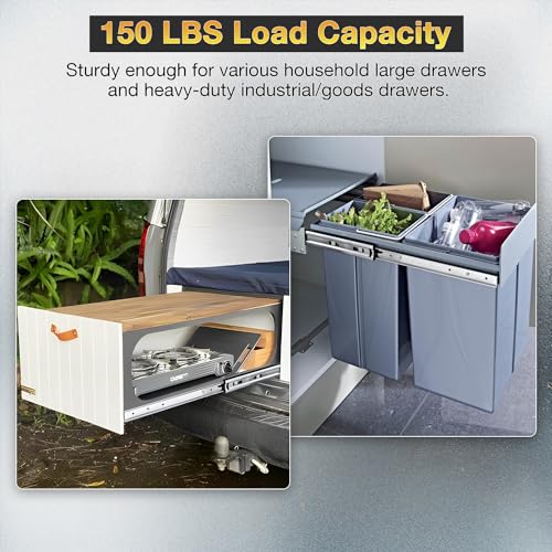 YENUO Heavy Duty Drawer Slides Full Extension Side Mount 12 14 16 18 20 22 24 26 28 30 32 34 36 40 Inch Metal Rails Track Guide Glides Runners 150lbs 1 Pair (Without Lock, 12 inch) - Image 3