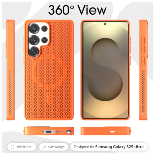 Image of Amazon Basics Silicone Back Cover for Samsung Galaxy S25 Ultra 5G | Honeycomb Cooling Design | Enhanced Heat Dissipation | Mag-Safe Compatible | Camera Protection Bumper Case (Orange)