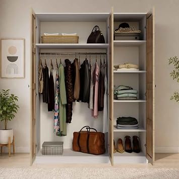Loren 3 Kapaklı, 6 Raf Bölmeli, Askılıklı Geniş Elbise Dolabı, Gardırop – Ceviz Beyaz