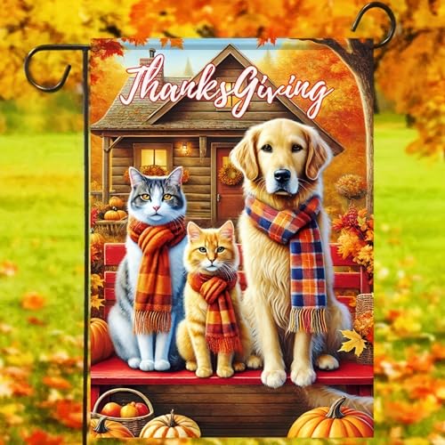 Image of BlissYard Thanksgiving Dog and Cat Garden Flag 12x18 Inch Fall Yard Decor | Double sided polyester, dog, cats and pumpkin design, cozy fall decor for porch, garden, lawn and yard