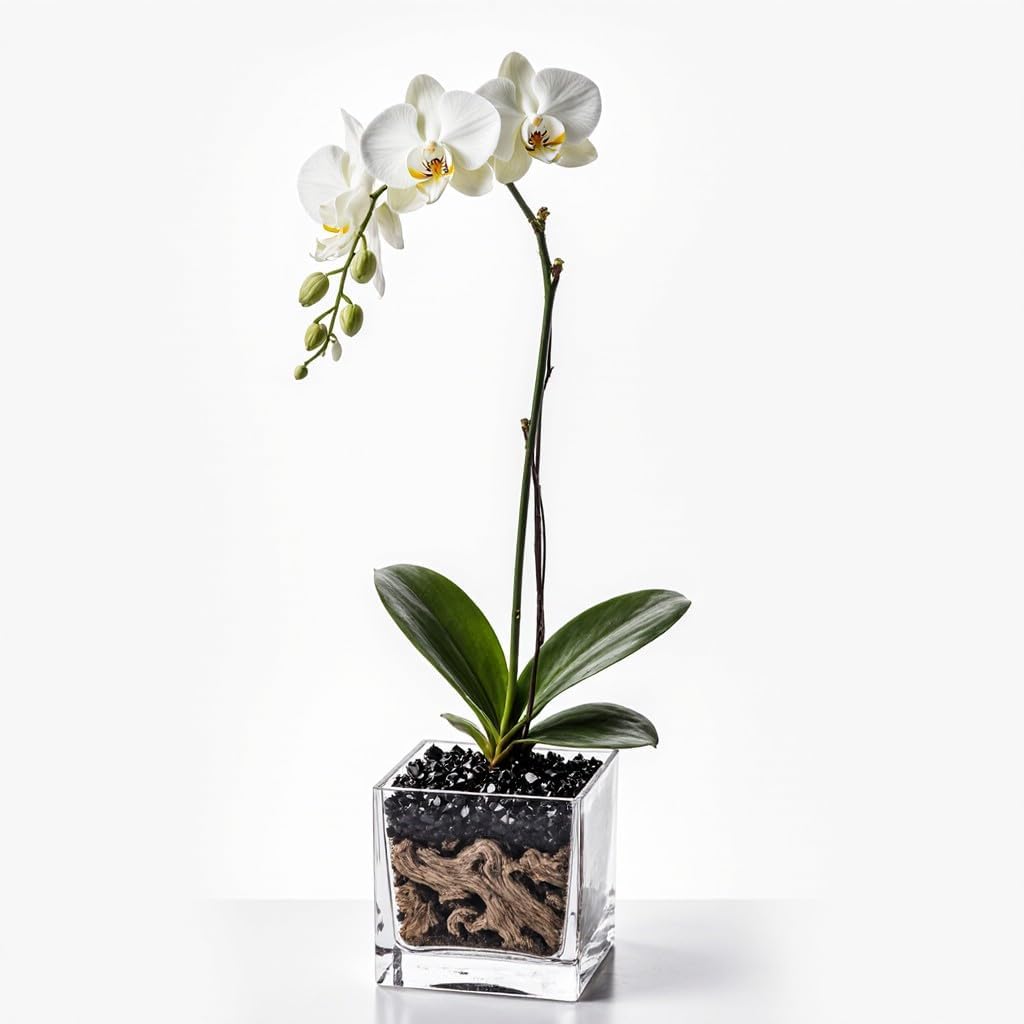 Live Phalaenopsis Orchid Plant with Crystal Accent, Single Stem, Clear Acrylic Vase, Contemporary Style, 18 Inches, Indoor