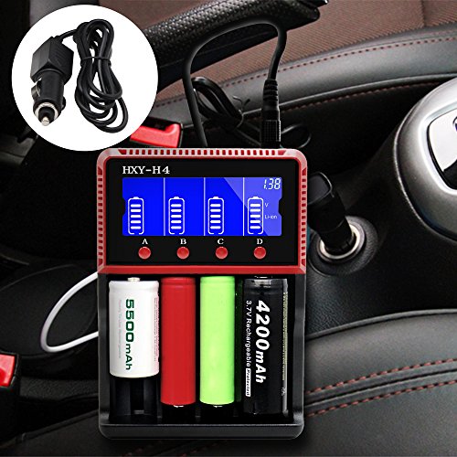 SVPRO LCD Display Battery Charger for AA AAA C Ni-MH Ni-CD Rechargeable Batteries 18650 26650 10440 14500 Li-ion LiFePO4 with Adapter Charger and Car charger (4 Slot)