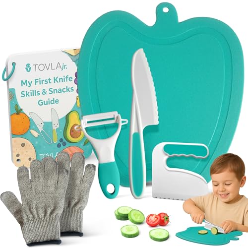Image of Tovla Jr. Toddler Cutting Set – Real Kids Knife & Chopper with Safety Gloves, Peeler & Visual Recipe Book – Montessori Cooking Tools Ages 3–8, Premium Gift for Kids
