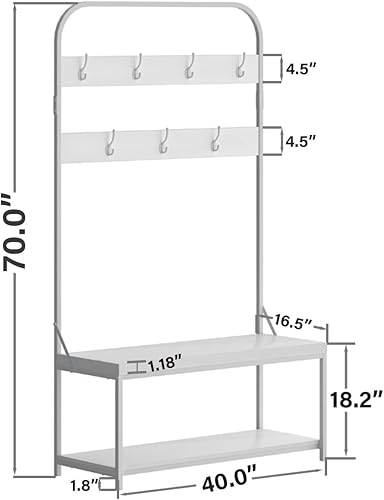 Miniatura 2 de IBF Perchero con banco de zapatos, árbol de pasillo 3 en 1 con banco de almacenamiento para entrada, árbol industrial de metal y madera con estante