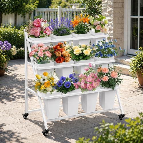 PROLEE Flower Stand with 12 Buckets, Flower Display Stand with Wheels, Flower Cart, Moving Florist Bouquet Shelf, Triangular (White) by PROLEE - Used condition - Image 7