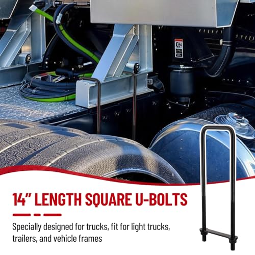 Image of 14 Inch Square Bend U-Bolt Kit for Truck Chassis | Heavy-Duty Steel Suspension Leaf Spring U Bolts with 6 Inch Tie Plates