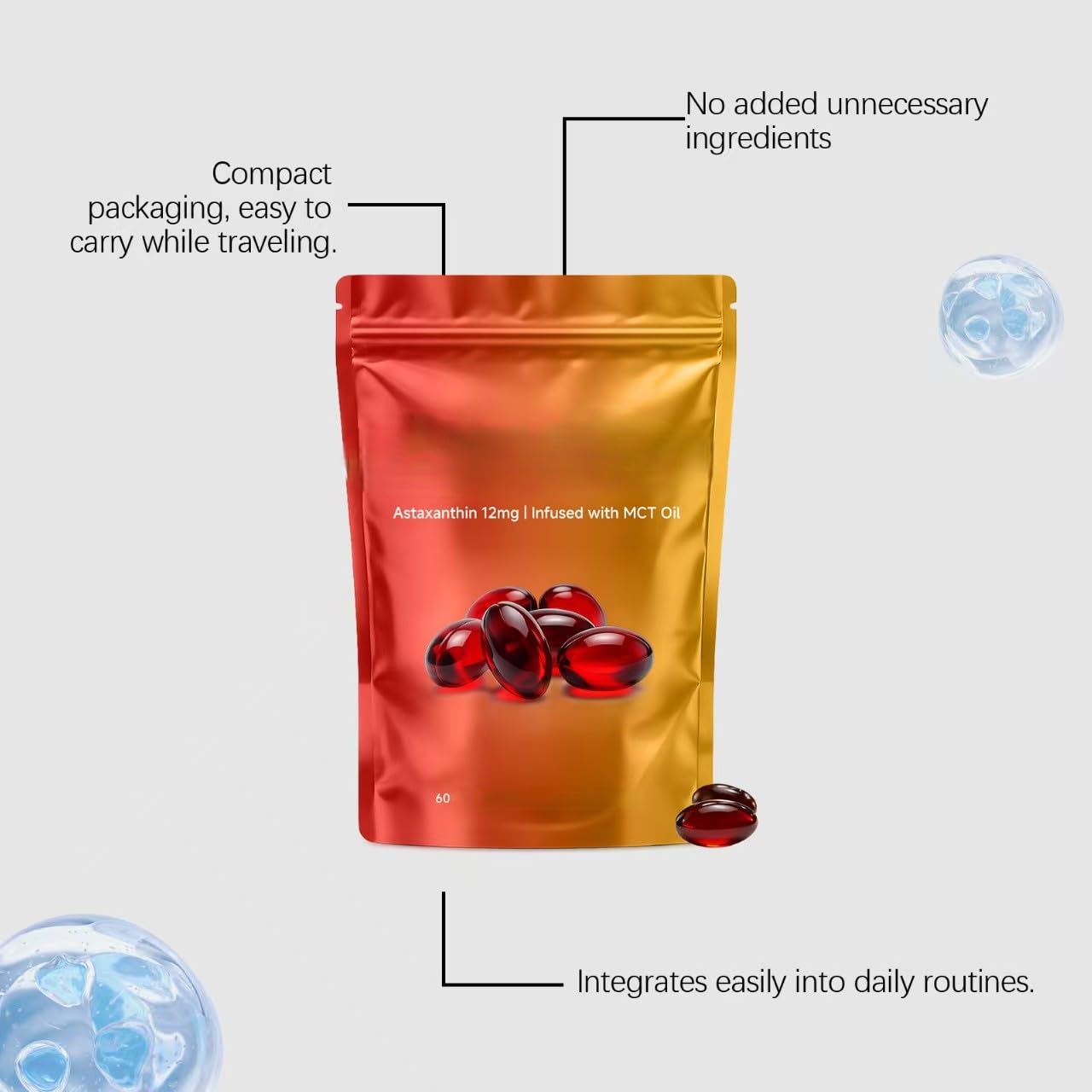 Astaxantina 12 mg| con olio MCT |Fonte di microalghe fresche | Supporti per occhi e pelle| Non OGM, senza glutine (60 conteggi),3Pcs