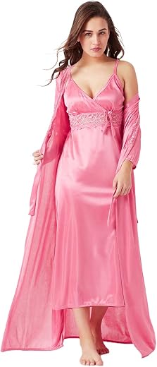 Romaisa Women Satin Nightwear Set with Long Nighty and Robe, Lace Sleepwear Dress
