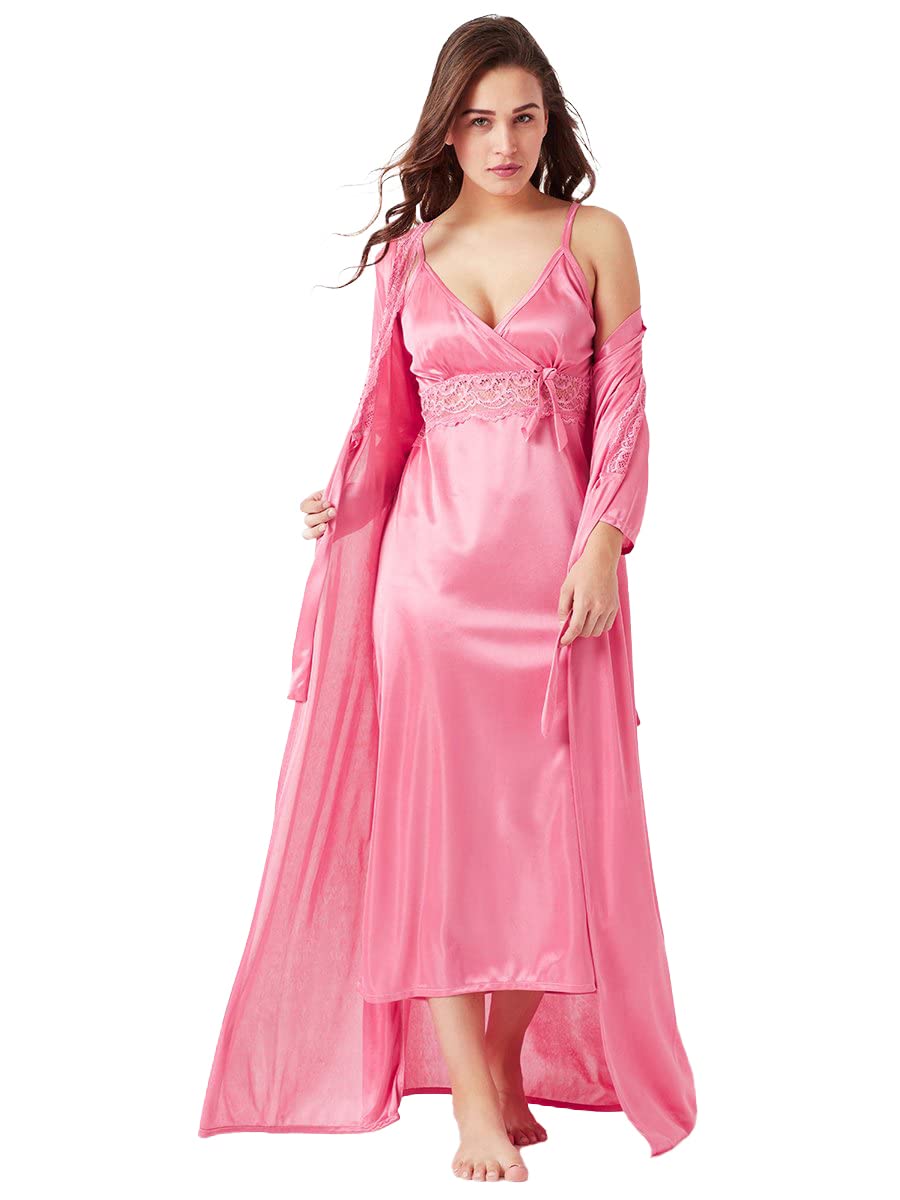 Women's Satin Solid Maxi Length Nighty with Robe (Size - Free Size) (Nightwear Set Pack of 2)