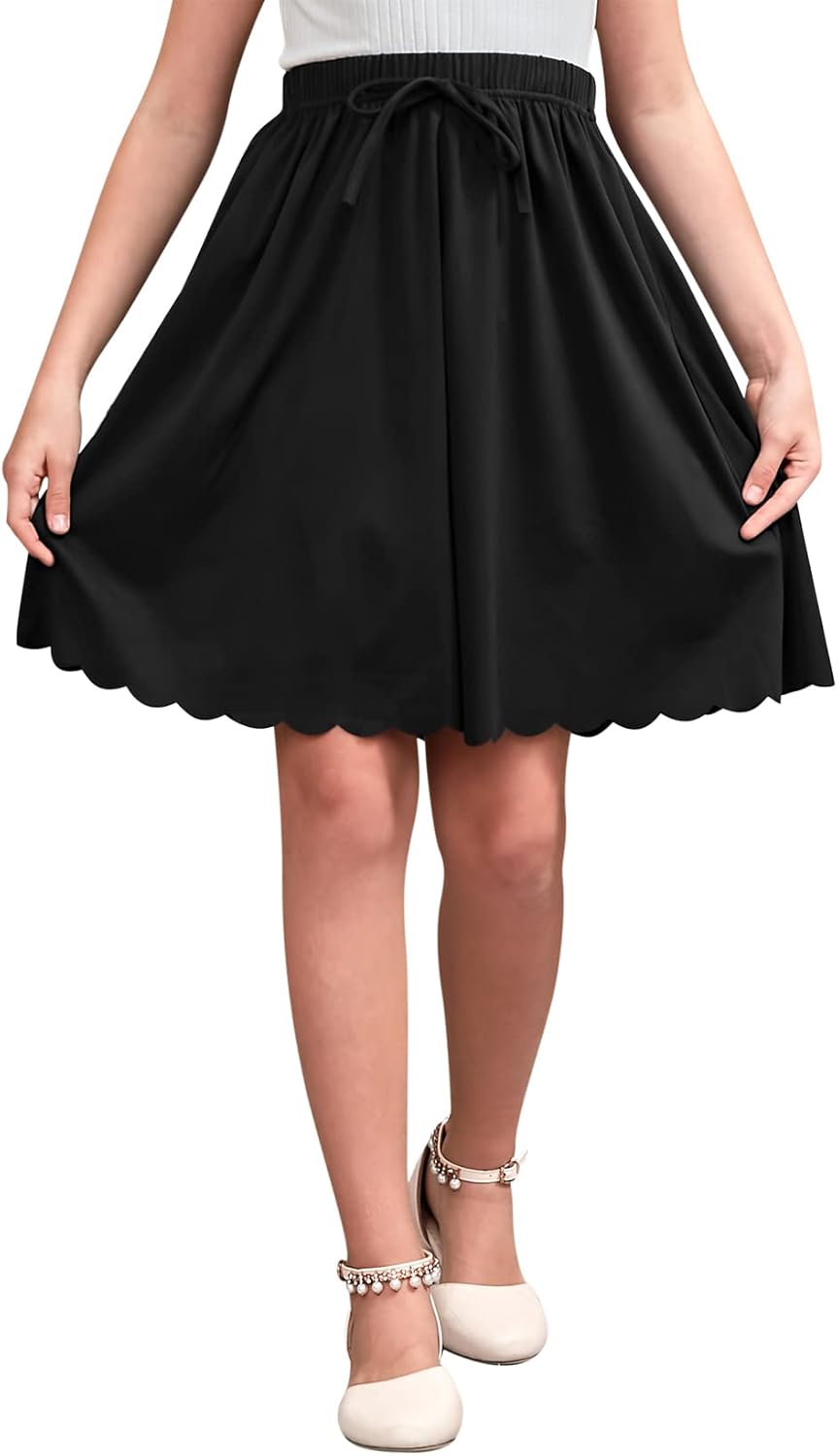 GORLYA Girls Casual Scallop Trim Hem Elastic Waist A-Line Swing Midi Skirt with Pockets for 4-14T