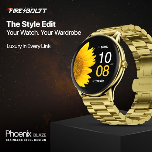 Image of Fire‑Boltt Phoenix Pro Round Smart Watch 1.39″ Display with Bluetooth Calling, AI Voice Assistant, SpO2 & Heart Rate Monitor, 120+ Sports Modes,IP67 Waterproof Metal Smart Watch for Men & Women - Gold