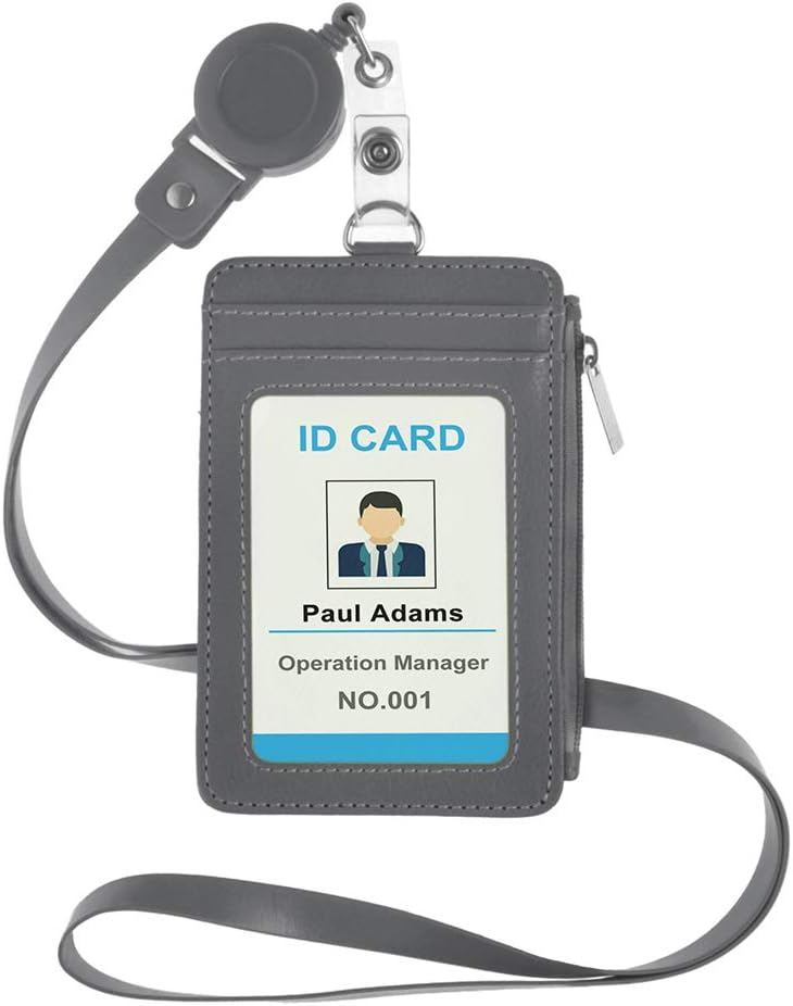 PU Leather Badge Holder Name Tag ID Card Holder Wallet Case with Retractable Reel Neck Lanyard-Gray