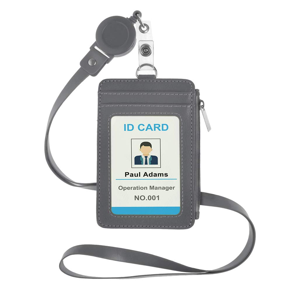 PU Leather Badge Holder Name Tag ID Card Holder Wallet Case with Retractable Reel Neck Lanyard-Gray