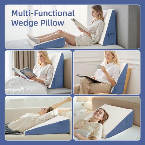 Wedge Pillow for Headboard, 12’’ Triangle Elevated Bed Wedge Pillow for Acid Reflux Relief, Sleeping, Post Surgery, Back Pain Relief, Snoring, Soft Memory Foam Top & Washable Breathable Cover, Blue