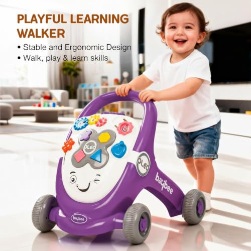 Image of Baybee Oleo Baby Walker for 6-18 Months | Activity Push Walker with Music & LED Lights | Stable Wheels, Easy Grip Handle | Educational Walker for Boys & Girls 0-2 Years (Purple)