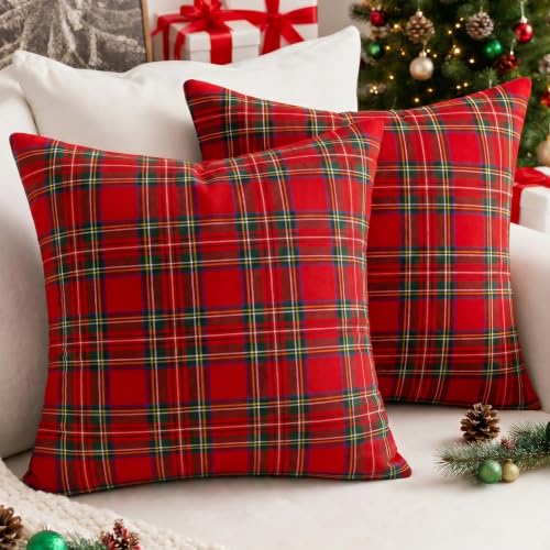 Vorysum 2er Set Rot Weihnachten Kissenbezug 40x40 cm Samt Karierte Winter...