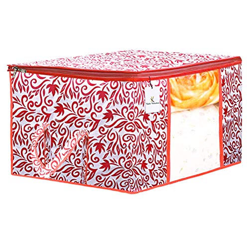 Image of Kuber Industries Flower & Leaf Printed 5 Piece Non Woven Fabric Underbed Storage Bag,Cloth Organiser,Blanket Cover with Transparent Window, Pink & Blue & Ivory Red & Golden Brown & Red -CTKTC41128
