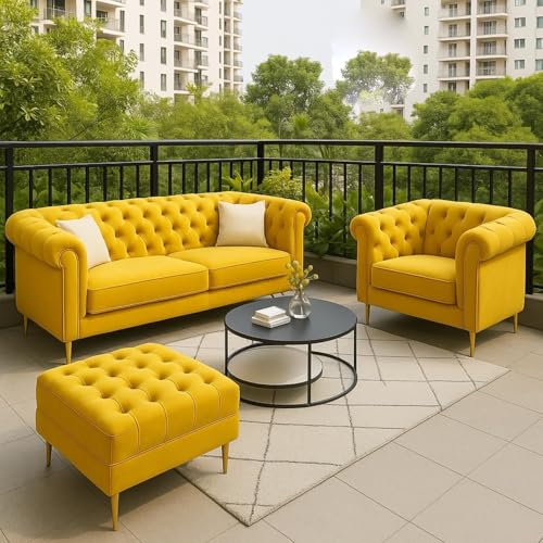 Image of Chesterfield Velvet Upholstery 3-Seater with Armchair and Footrest, Design in 3+1+Footrest Sofa for Living Room, Bedroom, Hallways (Yellow)