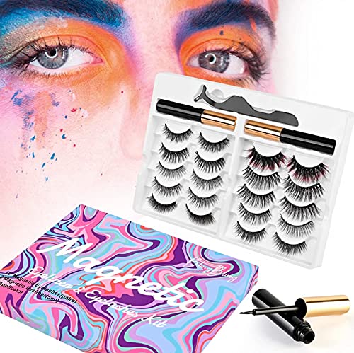 Magnetic Lashes Kit, 10 Pairs Upgraded Reusable 3D 5D Magnetic Eyelashes with 1 Red Gradient, Magnetic Waterproof Eyeliner and Tweezers, Mink False Eyelashes Natural Look, No Glue, Easy to Wear