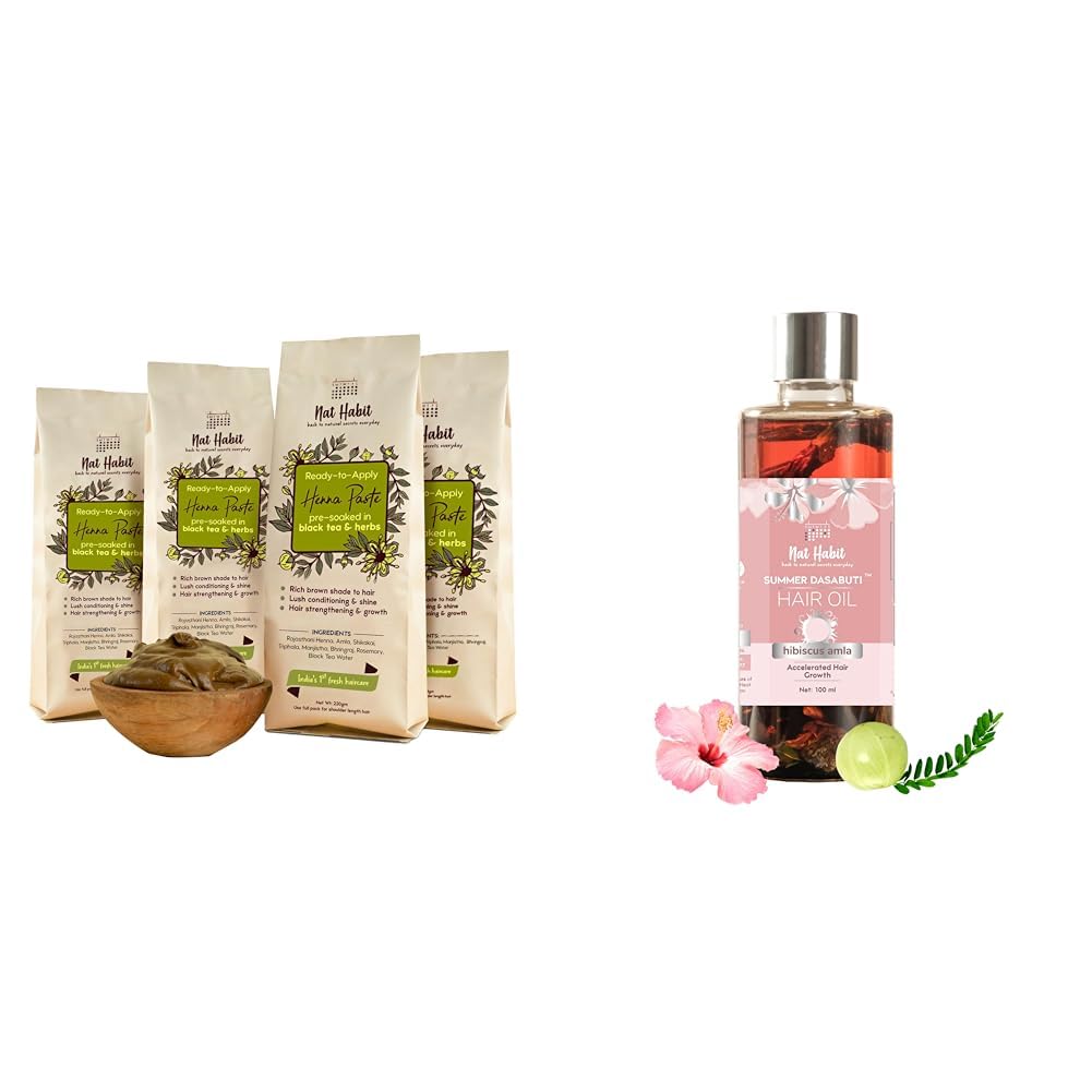 Nat Habit Henna Paste, 100% Natural Rajasthani Henna - (Pack of 4 x 220g) and Nat Habit Hibiscus Amla Summer Hair Oil For Men & Women - 100ml-image-29