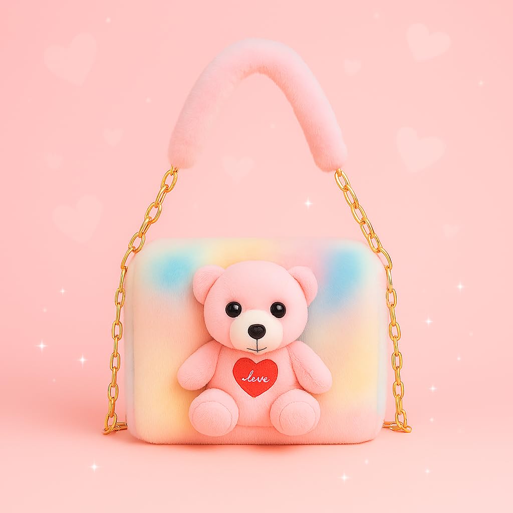 CULT FACTORY Girls Sling Bag Cute Sling Bag Combo for Kids Teddy Slingbag Mini Handbag Combo Fur Toy Bag (Pink) 4