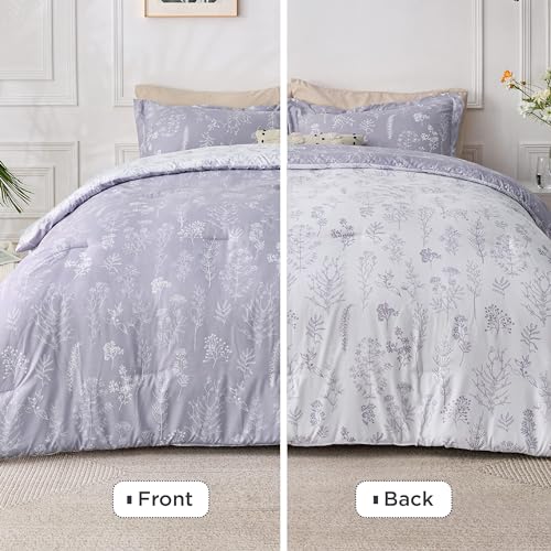 Image of Bedsure King Comforter Set - Lavender Bed Set, 3 Pieces Cute Floral Bedding, 1 Soft Reversible Botanical Flowers Comforter and 2 Pillow Shams