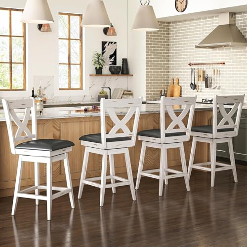 Image of Swivel Bar Stools Set of 2, Farmhouse 24 inch Counter Height Barstools with X Carved Backs, Wooden Bar Chair with Solid Wood Legs & Footrest for Kitchen Island, Home Bar, Pub. Antique White