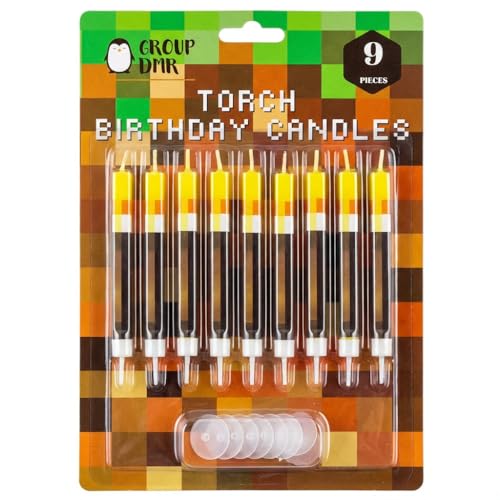 Gamer Birthday Cake Torch Candles | Video Game Happy Birthday Party Decorations for Kids | Birthday Cake Toppers Party Supplies Decor for Boys and Girls | Pack of 9 Wax Free Cake Protection and Spikes
