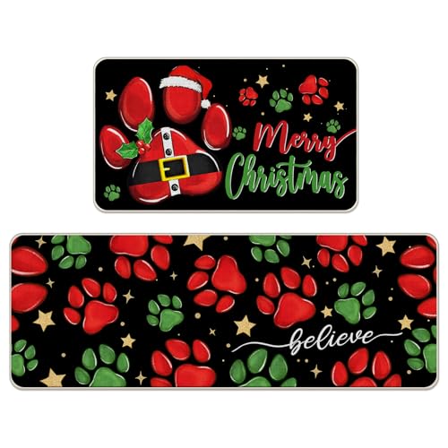 Tailus Merry Christmas Dog Cat Paw Prints Kitchen Rugs Set of 2, Xmas Believe Stars Kitchen Mats Decor, Funny Winter Holiday Floor Door Mat Home Decorations Pet Lover Gifts - 17x29 and 17x47 Inch