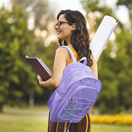 Image of COVAX Heavy Duty Mesh Backpack, Semi-transparent Mesh Bookbag, See Through College Backpack with Bungee and Comfort Padded Straps for Commuting, Swimming, Beach, Outdoor Sports (Purple)